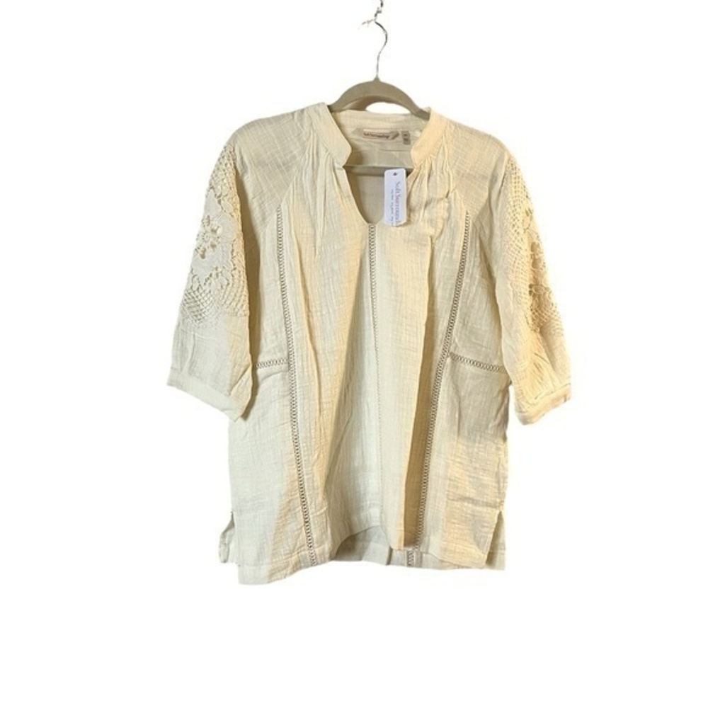 NWT! Soft Surroundings “Magnolia” Butter Cream Cotton Gauze Lace Trim Top, MP